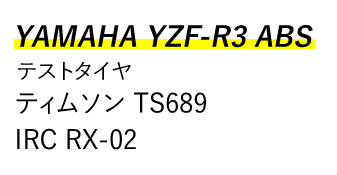 YAMAHA YZF-R3 ABS　テストタイヤ　ティムソン TS689 IRC RX-02